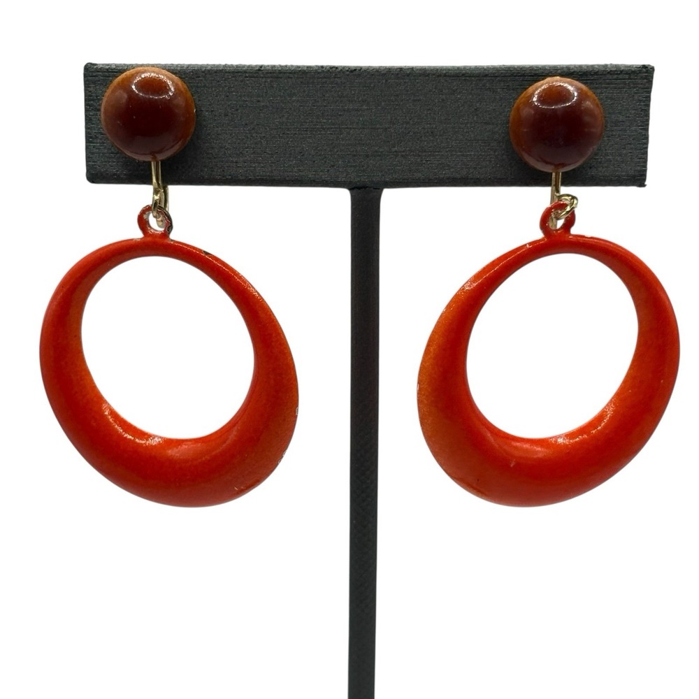 VTG Hoop Earrings Orange and Brown Enamel Drop Clip On Dangle Open Circle‎ READ